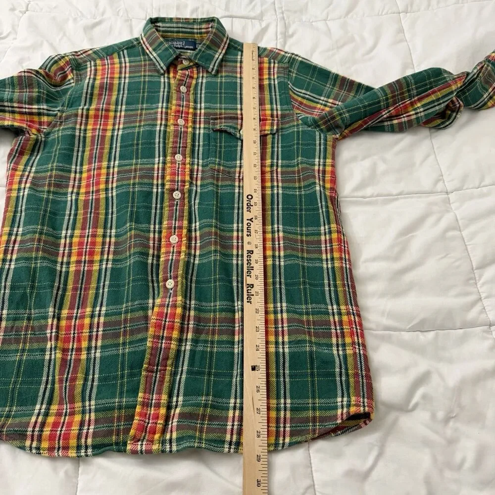 Polo Ralph Lauren Flannel Shirt Mens Medium Green Plaid Longsleeve 90s Vintage